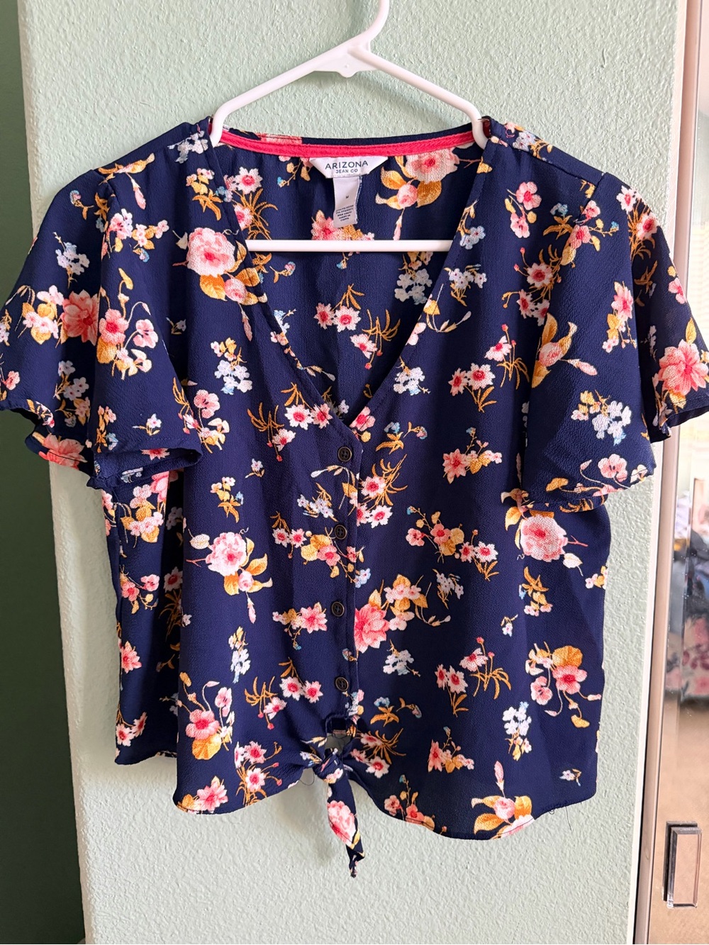 Arizona Jean Company Navy Floral Button-Front Tie Blouse